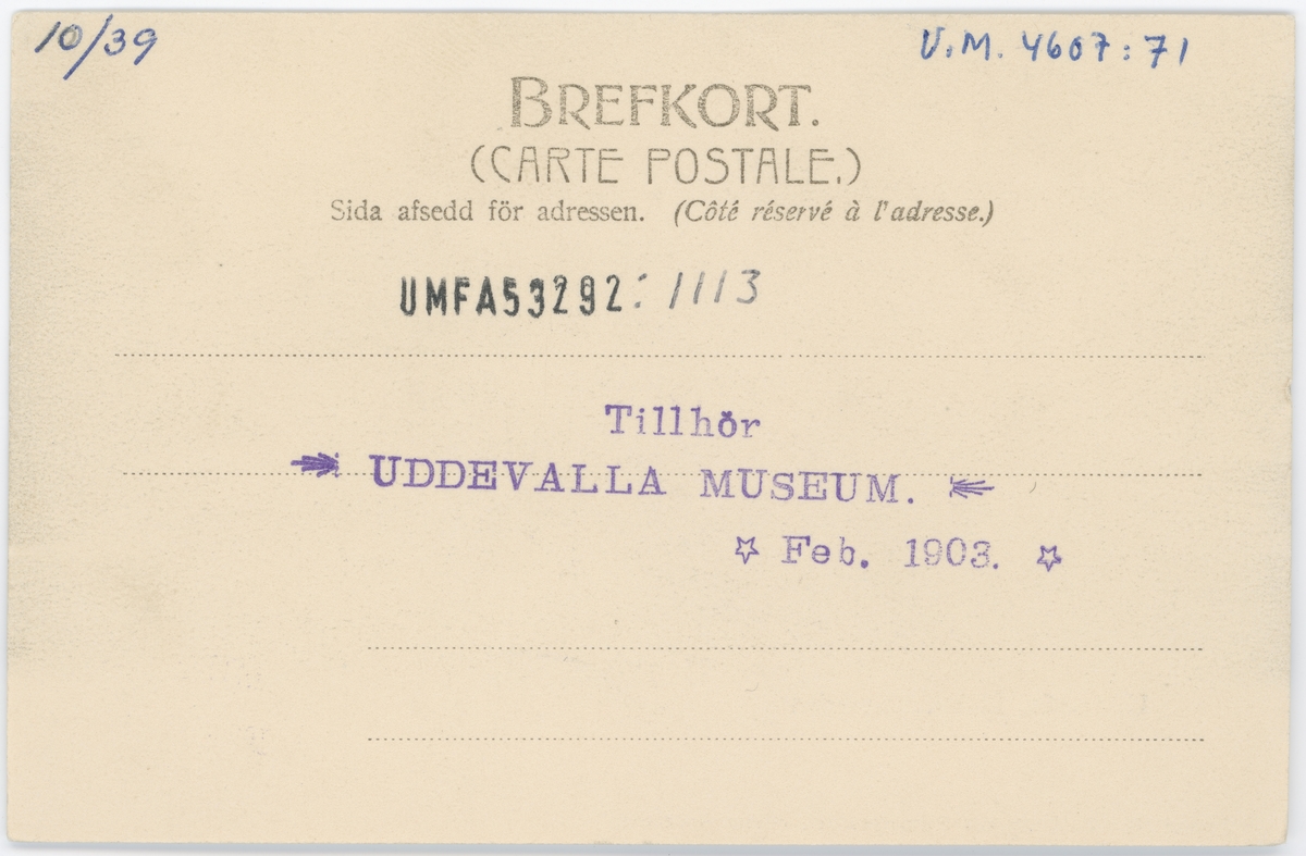 Tryckt text på vykortets framsida: "Elektricitetsverket Uddevalla".
