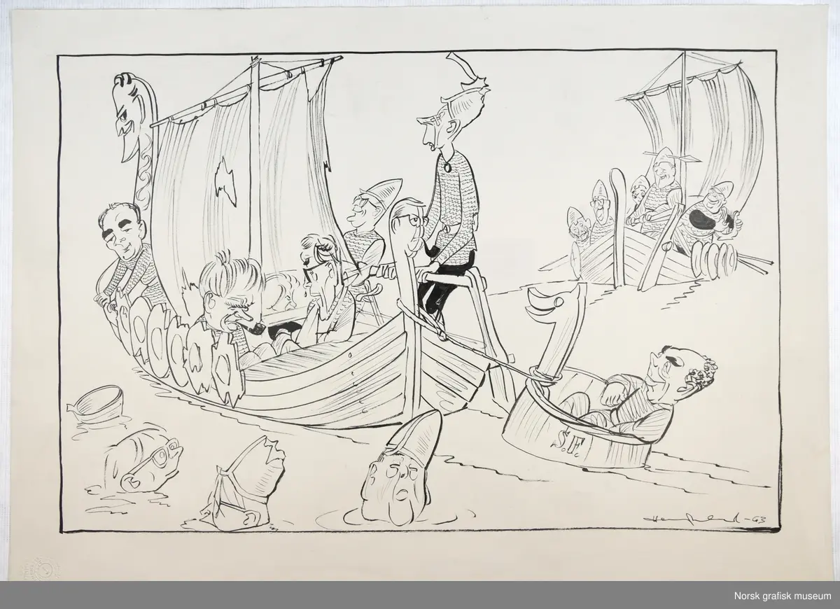 To vikingskip og en liten båt fullastet med folk i rustning. Noen menn svømmer også i vannet.