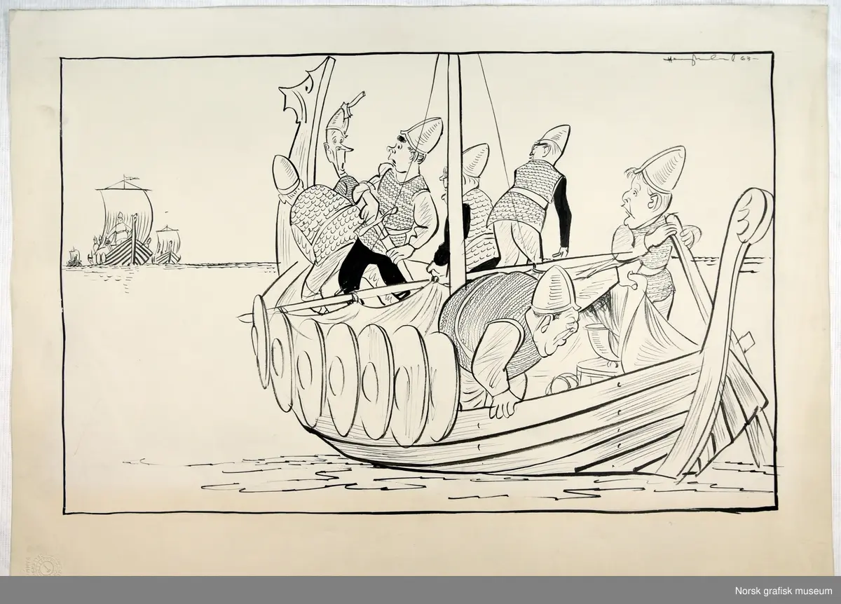 I forgrunnen ser vi et vikingskip full av menn i rustning. De kikker seg over skulderen og ser i bakgrunnen flere skip på vei mot dem.