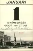 Vykort med motiv över Allmänna läroverket och Gustav Adolfs kyrka samt en Gott nytt år- hälsning.