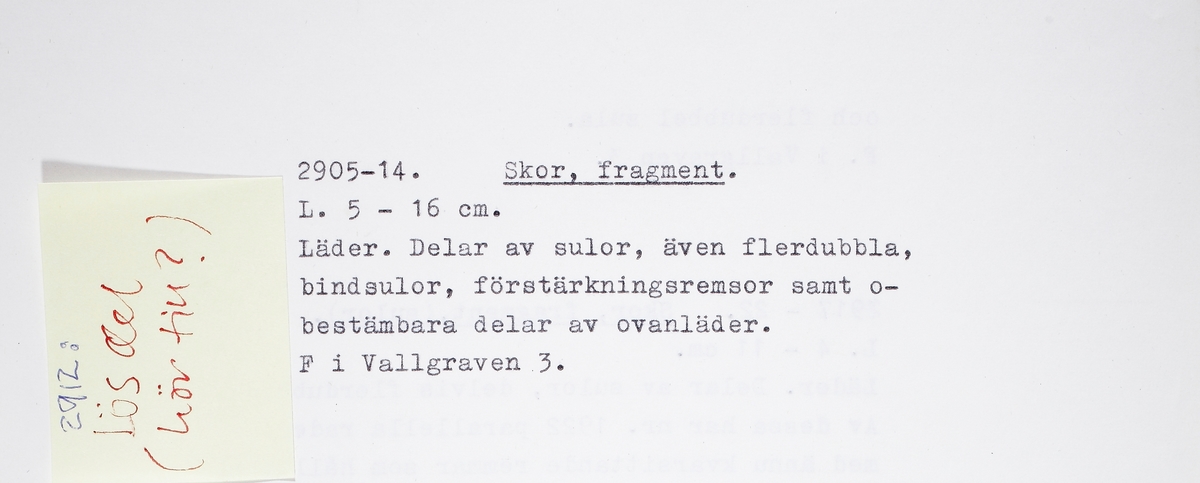 Troligen en del av en kantskoning. Stucken kant med en delvis bevarad lädersöm längs den ena långsidan och en liknande stucken söm längs den andra. Även bevarade rester av en sula eller ett sidostycke.