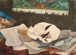 Stilleben med katt [Akvarell]