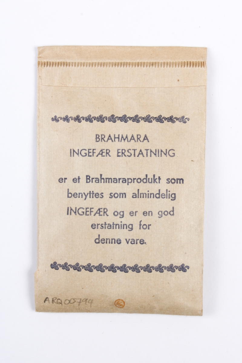 Uåpnet krydderpose med ingefærerstating.