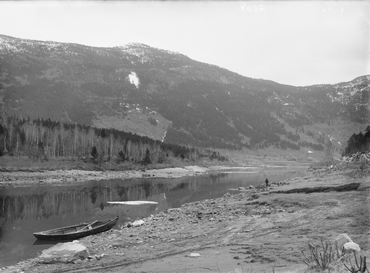 Lågen, elvebredd, robåt, skog og åsside