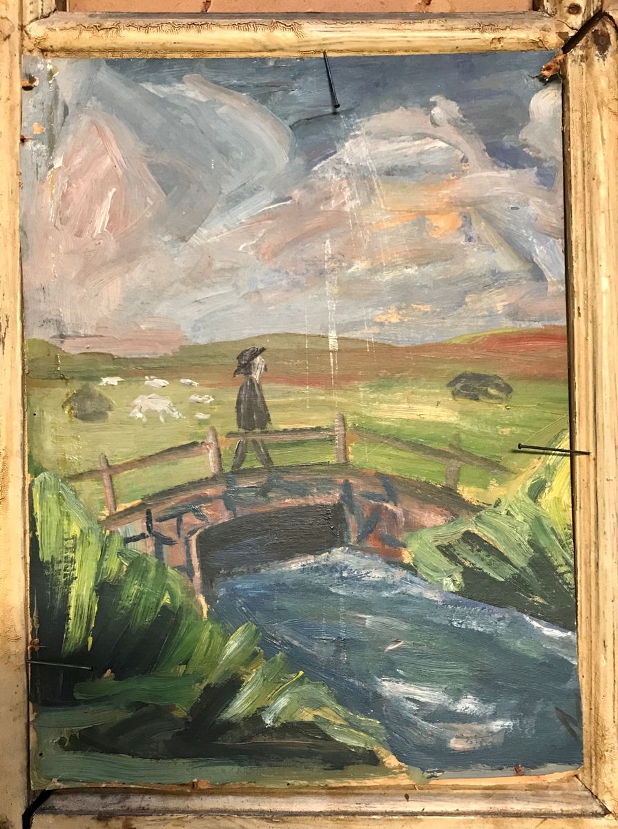 En montasje laget av bevismateriale; en knust vindusrute, et skjerf , en tollekniv der bladet er løsnet fra skaftet, to håndflateavtrykk og tre foto. Deler av montasjen er gjenbruk av et maleri.