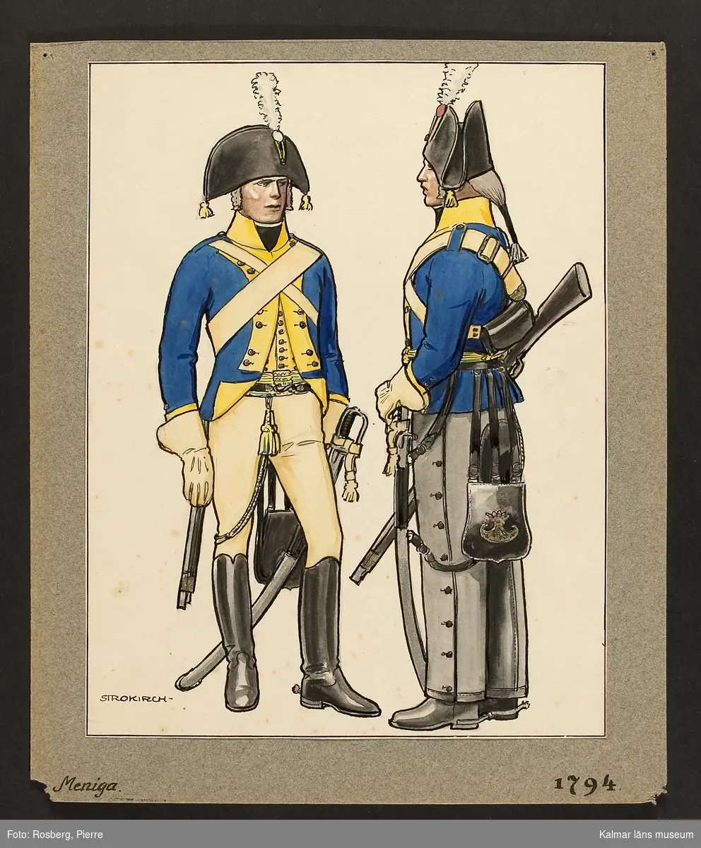 Motiv med meniga som visar utrustning, uniform och tillbehör vid Smålands husarregemente 1794.