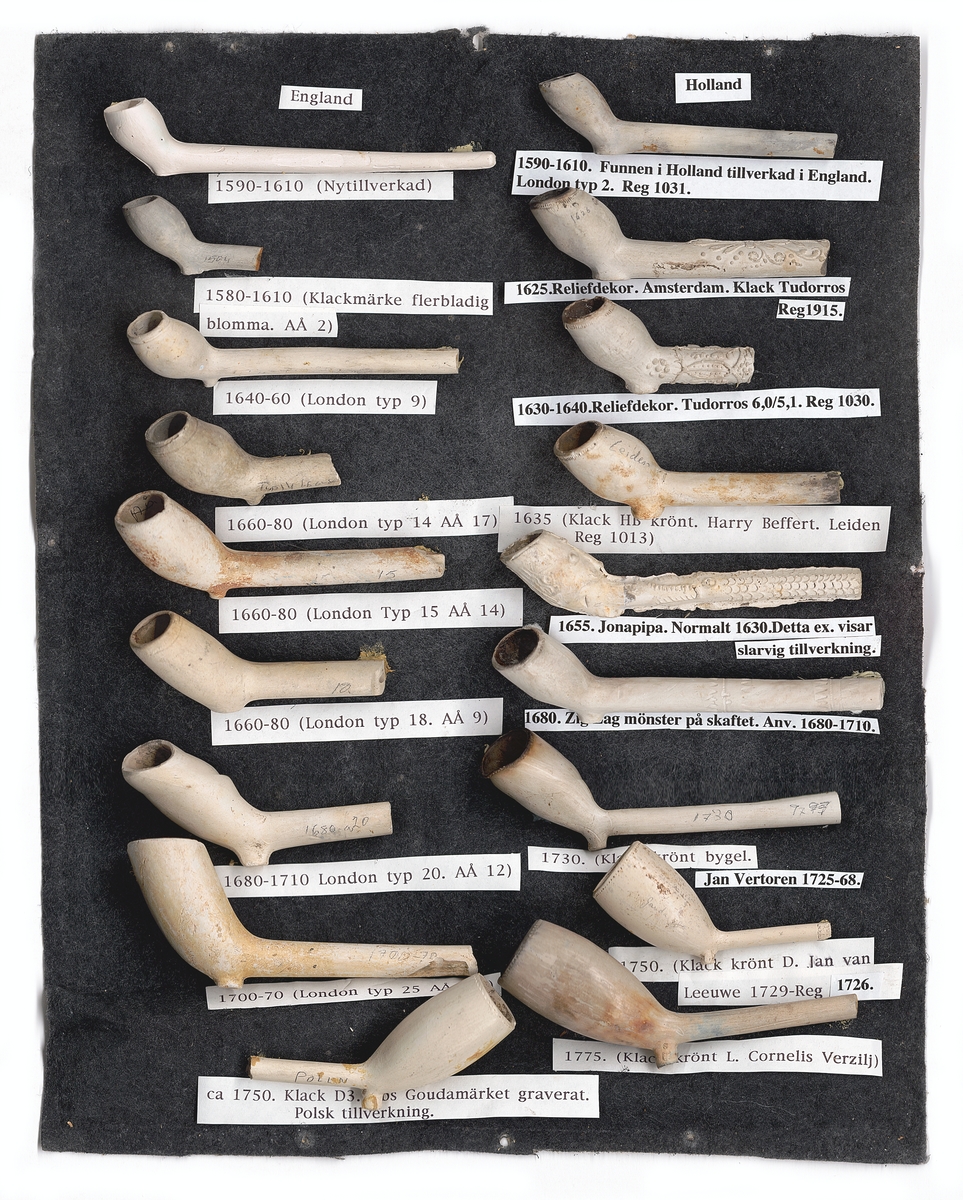 Kritpipa från England 1640-1660 London typ 9
Ingår i en grupp av 18 stycken inramade kritpipor ordnade kronologiskt, holländska och engelska var för sig.