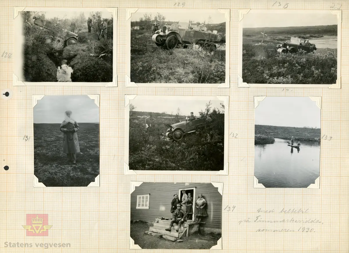 Tekst bakpå bildet:"Mens bilene kjører lang omvei til vadested." Biggejokka.
Beltebilekspedisjon med Citroën Kegresse beltebil på Finnmarksvidda sommeren 1930. Prøvekjøring og demonstrasjon med Citroën Kegresse halvbeltebil. 
Lignende bilde er illustrert på Fig. 3.  "Biggejokka."  Jf. "Meddelelser fra Veidirektøren", Nr. 10-1930. "Med Beltebil fra Alta til Kiruna", av avdelingsingeniør H. Hofseth.
Gjengitt fra artikkel Nr. 8-1930: "Ekspedisjonens deltagere som reiste 30. juli fra Bosekopp bestod da av: Sjefen for Alta bataljon, kaptein Lørdahl, postmester Sørensen, Hammerfest, postmester Skjølberg, Alta, ingeniør Hofseth ved det norske veivesen, advokat Borchgrevink, Oslo, direktør Chaumont, fransk-norsk handelskammer, filmfotograf Tønsberg, journalist Bjørseth, "Aftenposten", mekaniker Costa samt forfatteren."

 Bilde 2) Helside i album "Snebrøyting og sneskjermer." 

Se vedlegg i Nedlastinger lenger ned på siden. 
Ref. til "Meddelelser fra Veidirektøren", Nr. 8-1930. "Beltebilekspedisjonen fra Nordishavet til Karesuando i Nord-Sverige sommeren 1930", av direktør Edv. Vethe. 
Ref. til "Meddelelser fra Veidirektøren", Nr. 10-1930. "Med Beltebil fra Alta til Kiruna", av avdelingsingeniør H. Hofseth.
