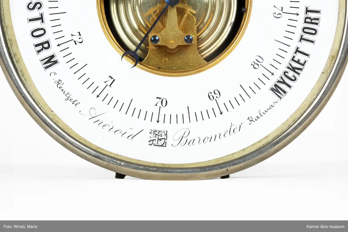 KLM 46367. Barometer, aneroidbarometer. För mätning av lufttryck. Fodral av metall och glas, delvis svartlackerat, mätverk av mässing. Rund form, tavla med skala från 69 till 80 samt från STORM till MYCKET TORT. Nedtill på tavlan: C. Hentzell Kalmar samt ett monogram. På baksidan en metallskylt: Kalmar Skarpskytteförening 1 priset 21/8 1881. Barometern har nedtill två små fötter samt upptill en ring för upphängning.