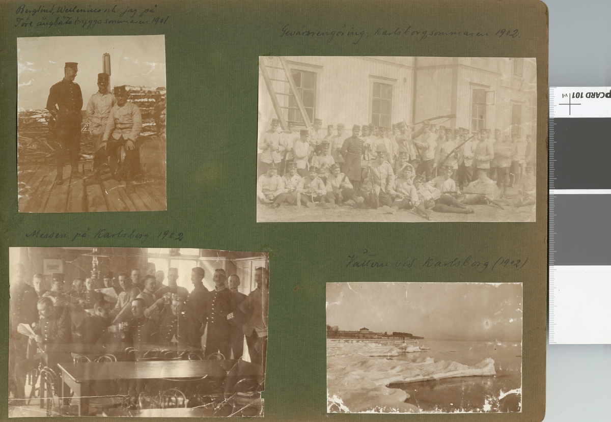 Text i fotoalbum: "Berglind, Wellenius och jag på Töre ångbåtsbrygga sommaren 1901".