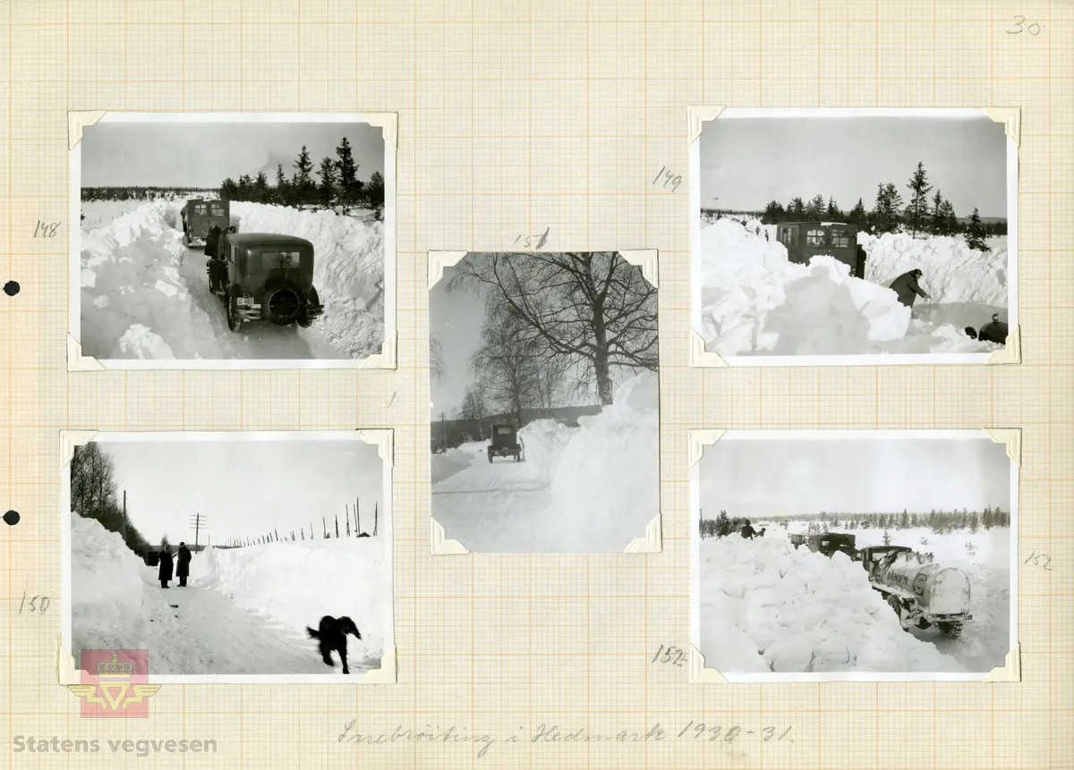 Store snømengder og høye brøytekanter måles i Hedmark vinteren 1930-1931. 
Bilde 2) Helside i album "Snebrøyting og sneskjermer." 
Bilde 3) Håndskrevet tekst på baksiden av bildet. (Stedsbeskrivelse litt vanskelig å lese) 

Se vedlegg i Nedlastinger lenger ned på siden.
Ref. til "Meddelelser fra Veidirektøren Nr. 10- og Nr. 11-1931: "Snerydningen på våre veier vinteren 1930-1931." 
Ref. til "Meddelelser fra Veidirektøren", Nr. 3-1930,  "Snebrøytingsforsøk med 6-hjulere," av overingeniør N. Saxegaard.