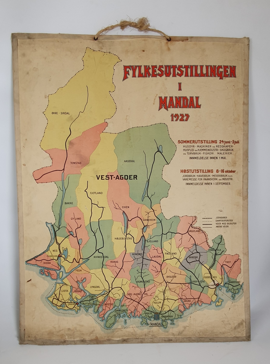Plakat for Fylkesutstillingen i 1927. Motiv er kart over Vest-Agder slik det så ut i 1927, med herreder og byer, infrastruktur m.v.