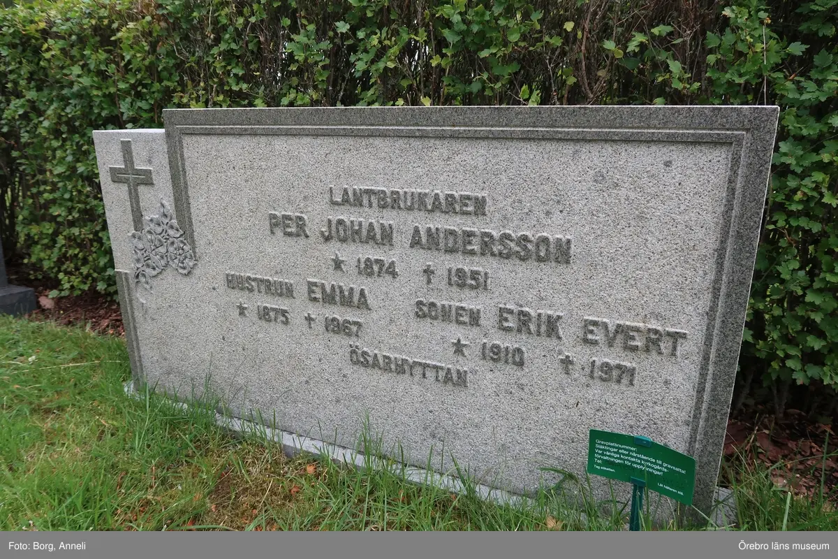 Fotoprotokoll

Acc. Nr. OLM-2019-403_1-45
Örebro läns museums diarienummer: 2016.230.125
Fotograf: Anneli Borg 
Objekt: Ramsbergs nya kyrkogård
Kommun: Lindesbergs kommun
Län: Örebro
År: 2019

Motiv: 
1-45	Ramsbergs nya kyrkogård, gravvårdar