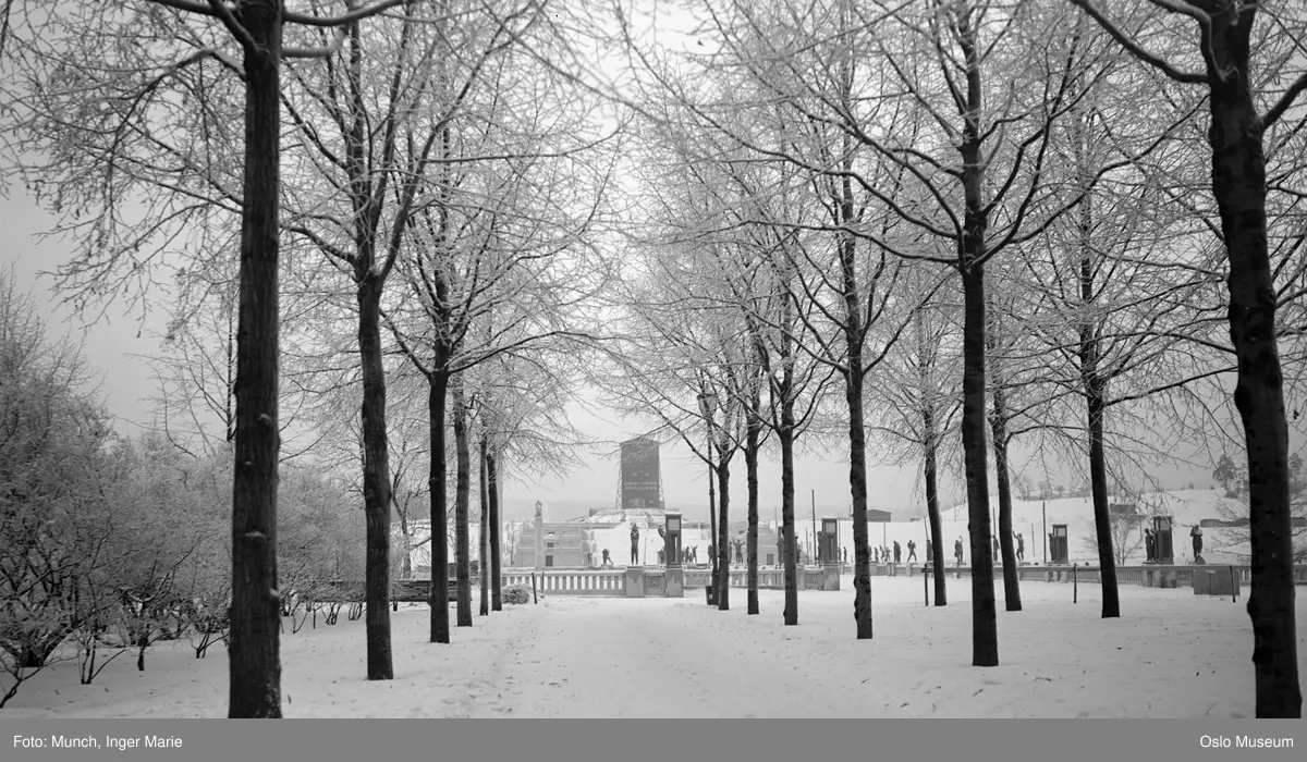park, skulpturpark, bro, skulpturer, hus rundt Monolitten, snø