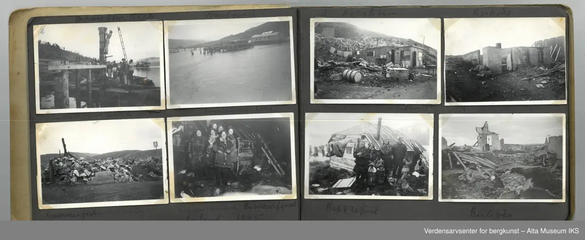 Fotoalbum med små bilder i størrelse 8,6 cm (lengde) x 6 cm (høyde). Det er ca 4 bilder per side, bildene er limt fast, noen har løsnet helt, andre er i ferd med å løsne. Noen bilder er en smule bøyd, andre er i god stand. Albumet i seg selv er relativt slitt, men i god stand.