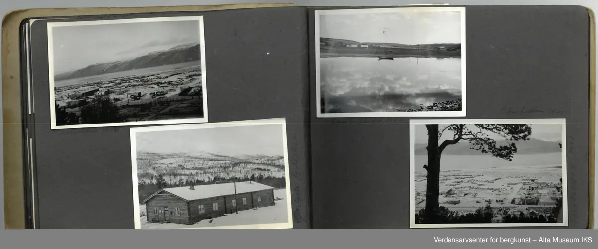 Fotoalbum med små bilder i størrelse 8,6 cm (lengde) x 6 cm (høyde). Det er ca 4 bilder per side, bildene er limt fast, noen har løsnet helt, andre er i ferd med å løsne. Noen bilder er en smule bøyd, andre er i god stand. Albumet i seg selv er relativt slitt, men i god stand.
