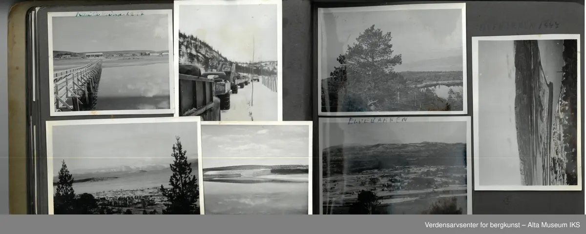 Fotoalbum med små bilder i størrelse 8,6 cm (lengde) x 6 cm (høyde). Det er ca 4 bilder per side, bildene er limt fast, noen har løsnet helt, andre er i ferd med å løsne. Noen bilder er en smule bøyd, andre er i god stand. Albumet i seg selv er relativt slitt, men i god stand.