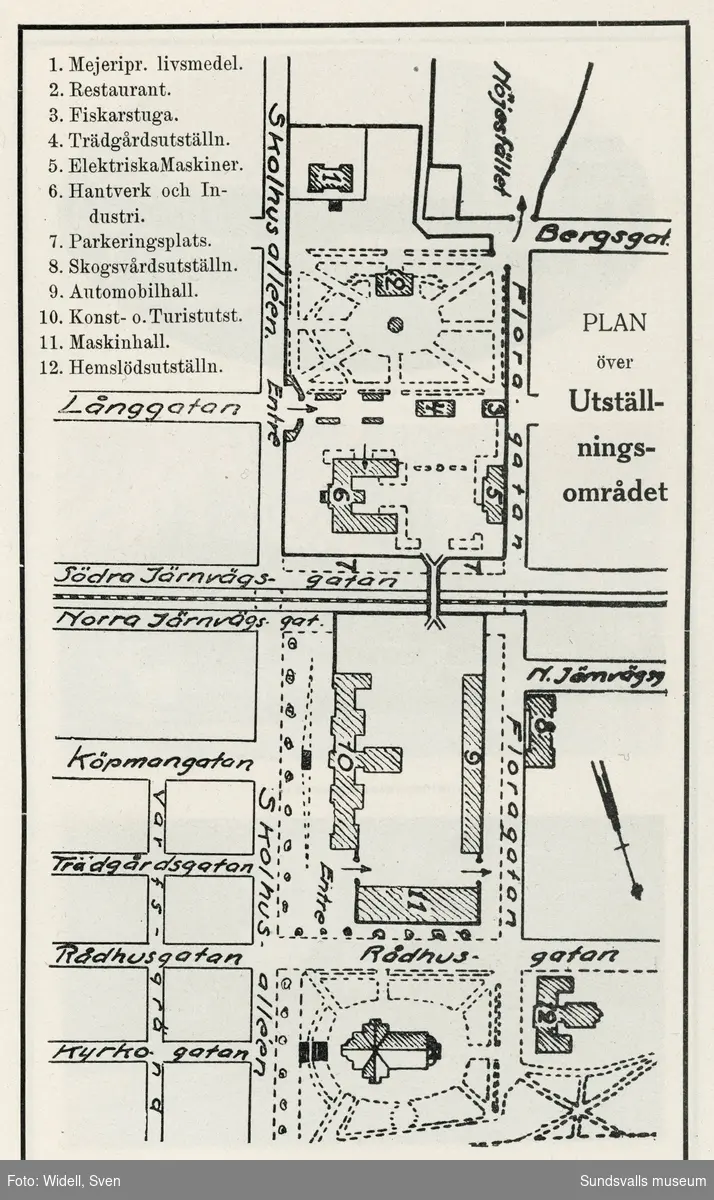 En svit bilder som visar mässområdet för Sundsvallsutställningen 1928. Bild 1. Maskinhallen på Läroverksplanen. Bild 2. Automobilutställningshallen (i vinkel mot maskinhallen). Bild 3. Interiör av maskinhallen. Bild 4. Restaurangen i skolparken (Handelsskolan till vänster). Bild 5. Restaurangen (se föregående bild). Bild 6. G A-skolans gymnastikhus (användes som mässhall). Bild 7. Nöjesfältet med utsiktstorn och ruschkanor. Bild 8. Viadukten över järnvägen mellan skolorna Läroverket och G A-skolan. Bild 9. Karta över utställningsområdet ur katalog.