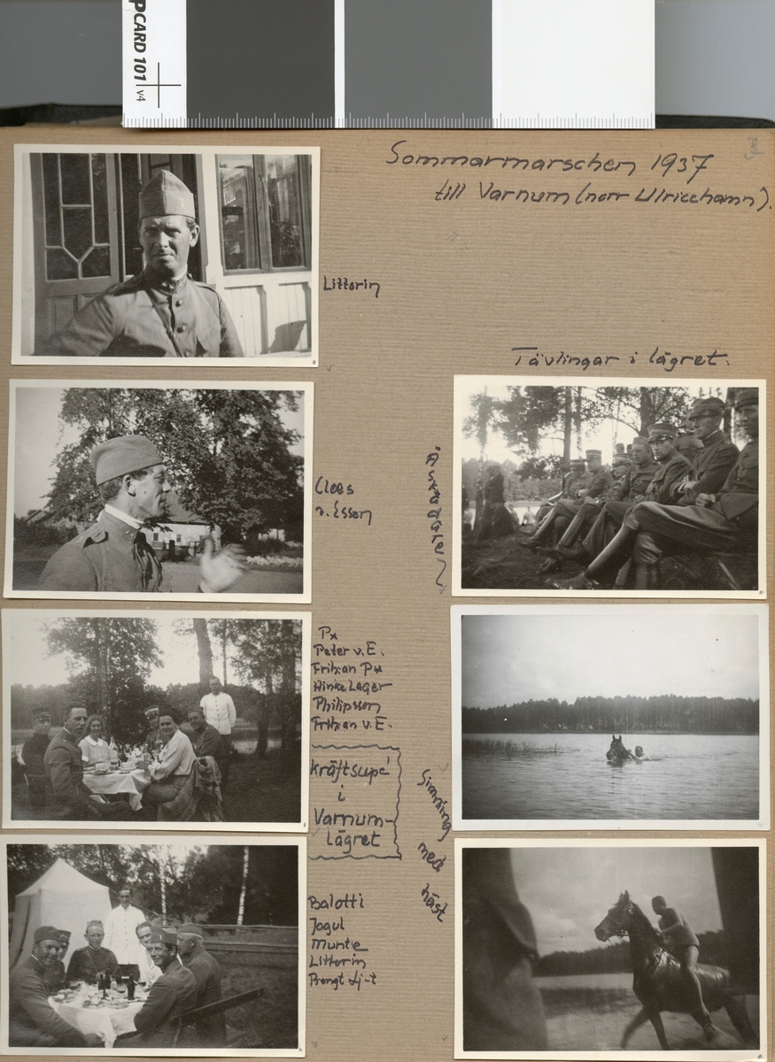 Text i fotoalbum: "Sommarmarschen 1937 till Varnum (norr Ulricehamn). Balotti, Jogul, Munthe, Littorin, Bengt Lj.t. Kräftsupé i Varnumlägret".