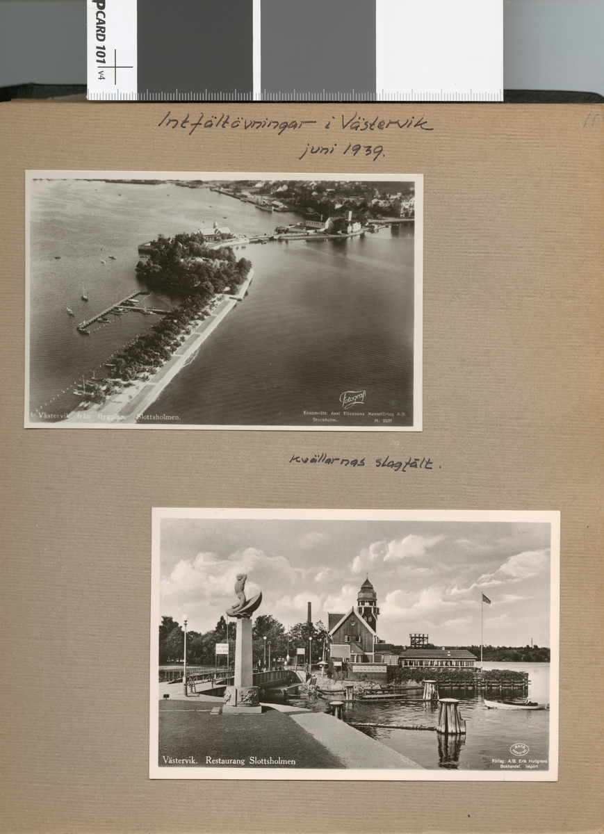 Text i fotoalbum: "Intfältövningar i Västervik. Västervik från flyplan, Slottsholmen".