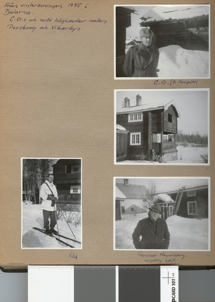 Text i fotoalbum: "Från vinterbefälsövningen 1945 i Dalarna. C-O:s och mitt högkvarter mellan Persborg och Vikarbyn. Gunnar Mayersson, tillfällig gäst".