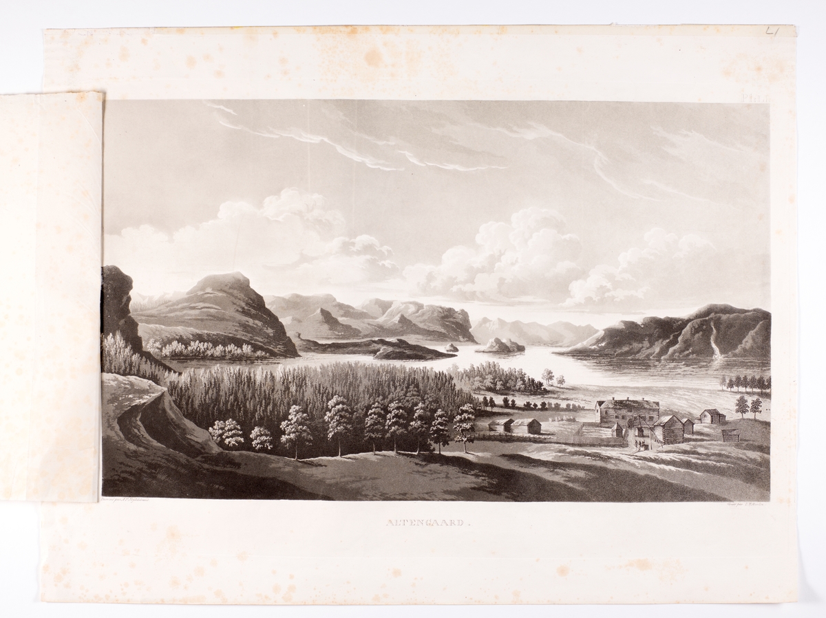 Alta, Finnmark. "Alten Gaard". Fjordlandskap med gårdsbruk.