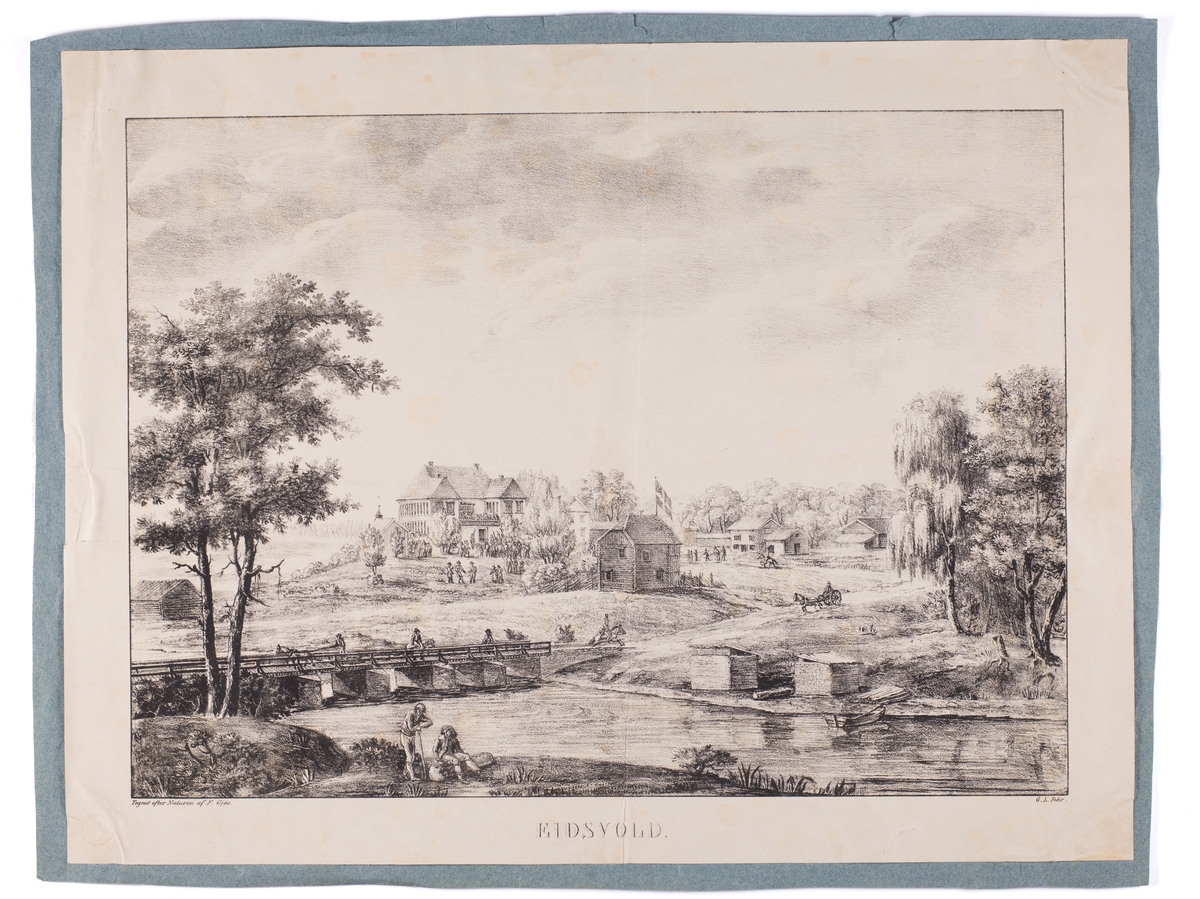 Landskap med Eidsvollsbygningen, folkeliv og bru