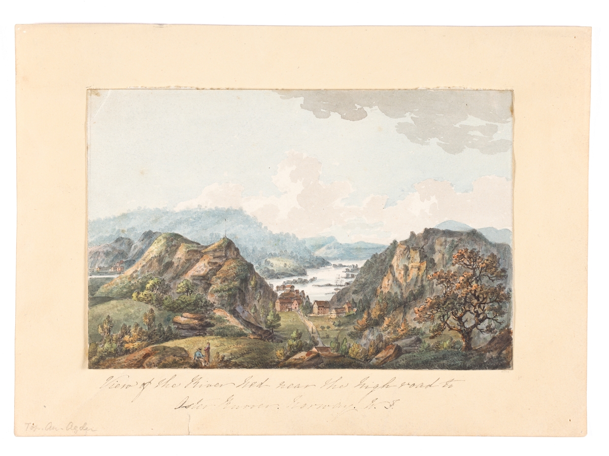 Kystlandskap fra Risør, utsiktsbilde med fjord, bebyggelse og vei