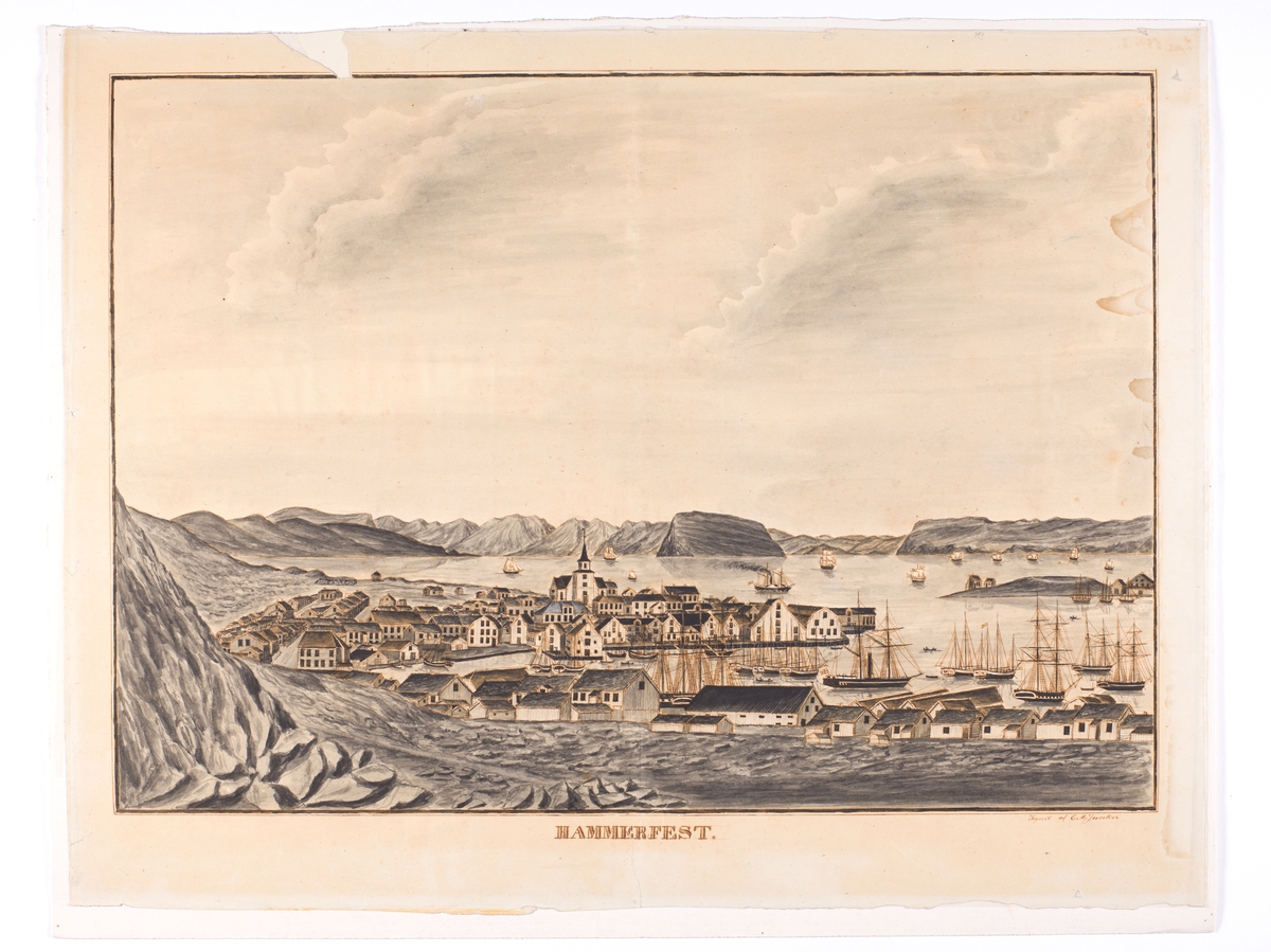 Kystlandskap med bybebyggelse, kirke og seilskuter