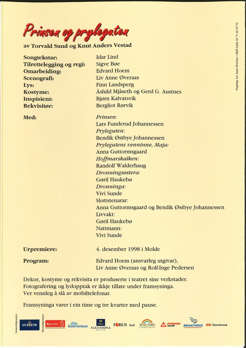 Teaterbrosjyre frå Teatret Vårt for barnemusikalen "Prinsen og pryleguten". Brosjyra er på totalt fire sider.