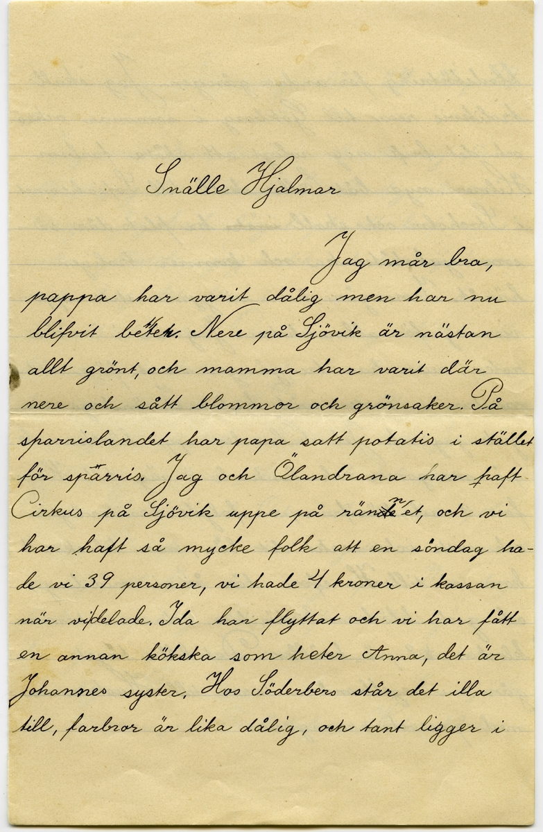 Brev 1894-05-24 från John Bauer till Hjalmar Bauer, bestående av fyra sidor skrivna på fram- och baksidan av ett vikt pappersark. Huvudsaklig skrift handskriven med svart bläck. 
.
BREVAVSKRIFT:
.
[Sida 1]
Snälle Hjalmar
Jag mår bra,
pappa har varit dålig men har nu
blifvit [inskrivet: t] better. Nere på Sjövik är nästan
allt grönt, och mamma har varit där
nere och sått blommor och grönsaker. På
sparrislandet har papa satt potatis i stället
för [överstruket: prickar över a] sparris. Jag och Ölandrana har [överstruken stapel på h] haft
Cirkus på Sjövik uppe på [överstruket: de] rännet, och vi
har haft så mycke folk att en söndag ha-
de vi 39 personer, vi hade 4 kroner i kassan
när vi/delade. Ida har flyttat och vi har fått
en annan kökska som heter Anna, det är
Johannes syster. Hos Söderbers står det illa
till, farbror är lika dålig, och tant ligger i
.
[Sida 2]
blodstörtning för andra gången. Jag skall
troliksvis resa till Göteborg i sommar också
och det brir nog roligt att sköta farbror
Hilmers nya båt. Edla skall till Sofiahemmet
i Stocholm och skall [överstruket: inskr] ha plats där så-
som sjuksköterska och kommer troligen
häråt. I morgån har vi gymnastik upp-
visning för allmenheten. Jag är i andre
roten, men har tre gånger varit före rot-
nastan i 6roten vid kulan. I söndags
gick jag och John Ölander upp klockan 6
på morgonen och lunkade i väg till Hane-
fors 2 mil härifrån, vi foljde landsvägen
och viste icke [överskrivet: k] vart det bär, men klockn 11
kom vi till [överskrivet: h] Hanefors där åt vi middag,
och gick klockan 3 därifran och var hemma
klockan ½ 9 på kvällen. Det lilla tåget
går nu regelbundna turer till Huskvarna
med passoskerarevagnar.
.
[Sida 3]
Jönköping den [överskrivet: 2] 24 Maj 94
Jag mår bra, du är väl icke arg för
[överstruken stapel på a] att jag ej har skrifvit till dig på så
länge. Jag hade börjat på ett bref, men
seden glömda jag å det, och har ej kom-
mit ihåg det förr än nu, men du kan 
väl få det också. Om torsdag slutar all
läsning i skolan, och den 6 eller 5 juni
har vi examen. Nu har vi börjat på med
en ny cirkus, och nu är det riktigt stilit
ändå, ty vi har fått musik, två fioler,
Osian Ölander och Oskar Andersson spelar.
Osian Ölander är med i gotemlarnes musik-
kor så att han kan nog spela. I söndags
hade vi riktig stor [överstruket: l] galaforestälning, vi ha-
de tjugu nummer och tre pantominer,
nämligen, [överstruket: n] Prinsessan törnrosa, En hjälte
till fästman, och Trollstafven. Hela hören-
.
[Sida 4]
net var fullt med folk och vi fick in i kassan på den föreställningen 1 krona
ock 50 öre. Vi har flickor också med
i cirkusen må du tro, och när skolan
slutar skall vi hafva en stor afskeds-
förestälning. I gymnastiken har vi nu
kapten Edborg, ty [inskrivet: t] löjtnant Sett har rest
till slätten. Wi har blifvit indelad i
pluton, [överstruket: stapel på t] trupp, och halftrupp, Kapten och
Löjtnanten kallar mig for Björnjägaren.
Nu har jag inget mer att skrifva.
Helsningar till dig från alla.
Högaknings
John Albert Bauer
(Cirkus Deriktör.)