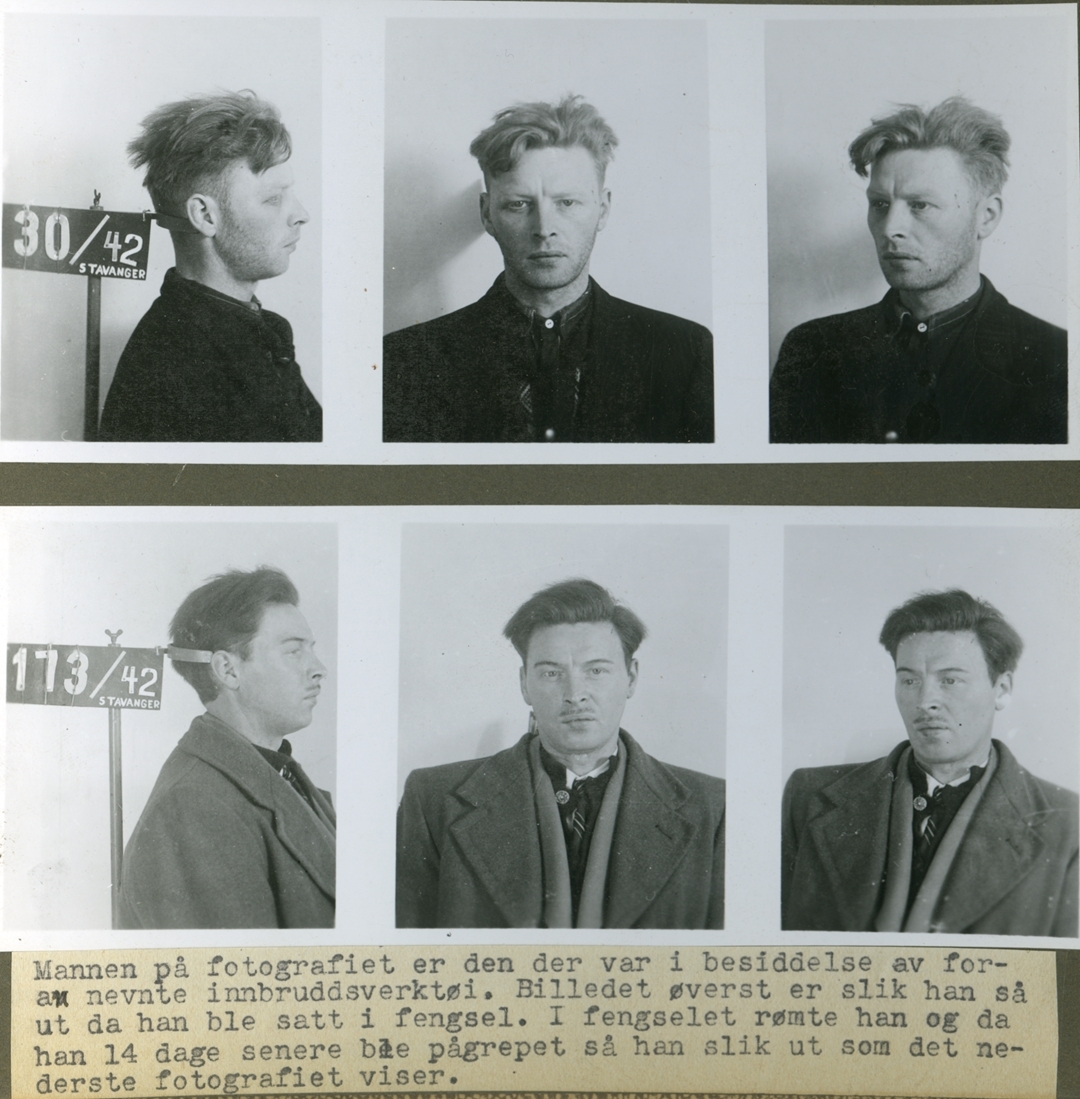 Brunt album med 21 fotografier i sorthvitt. Mest interiørbilder fra Stavanger politikammers kriminaltekniske avdeling. Bildene viser fotoatelieret med utstyr og innredning, mørkerommet, tegnesal- og kartotekrom, og opplysningsavdelingens rom med kriminalmuseum. I tillegg finnes det nærbilde av noen av gjenstandene utstilt i museet; bevismateriale fra drapsforsøk, en revolver, innbruddsverktøy og beslaglagte legeinstrumenter som har tilknytning til illegal abort. Bakerst i albumet finnes portretter av en forbryter før og etter forkledning og en kvinne tvangsinnlagt for kjønnssykdom før og etter tvangsklipping.