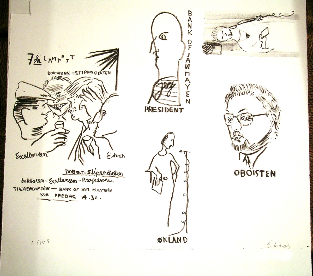 7de lampett, President Bank of Jan Mayen, Lyrikk Jorund Veiteberg, Økland, Oboisten [Grafikk]