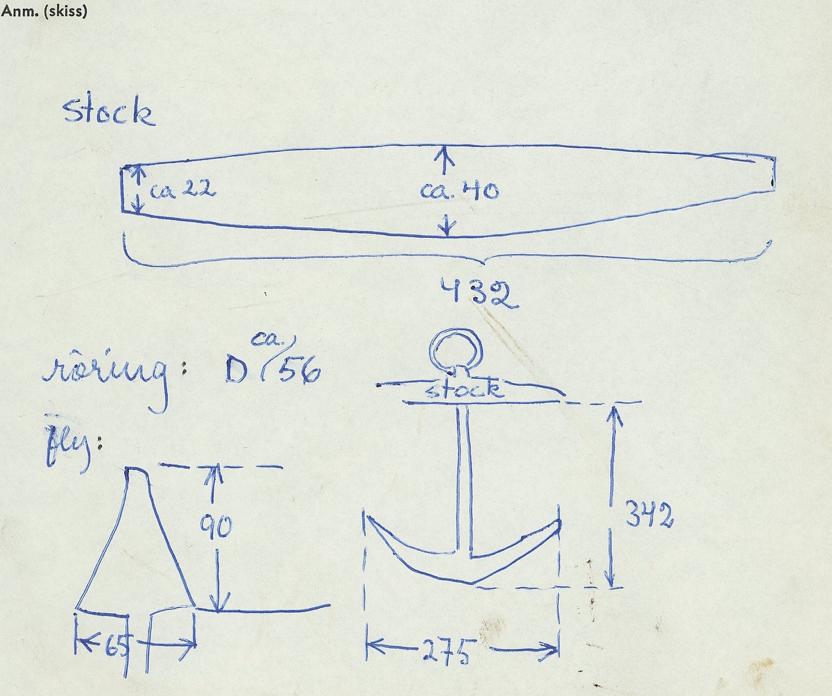 Del av ankarstock.
Stocken är lätt svängt med avsmalnande ändar. 32 genomgående dymlingshål varav 28 stycken har kvarsittande trädymlingar. Mitt på finns ett korsformat urtag för ankaret. Rostfläckar i urtaget.