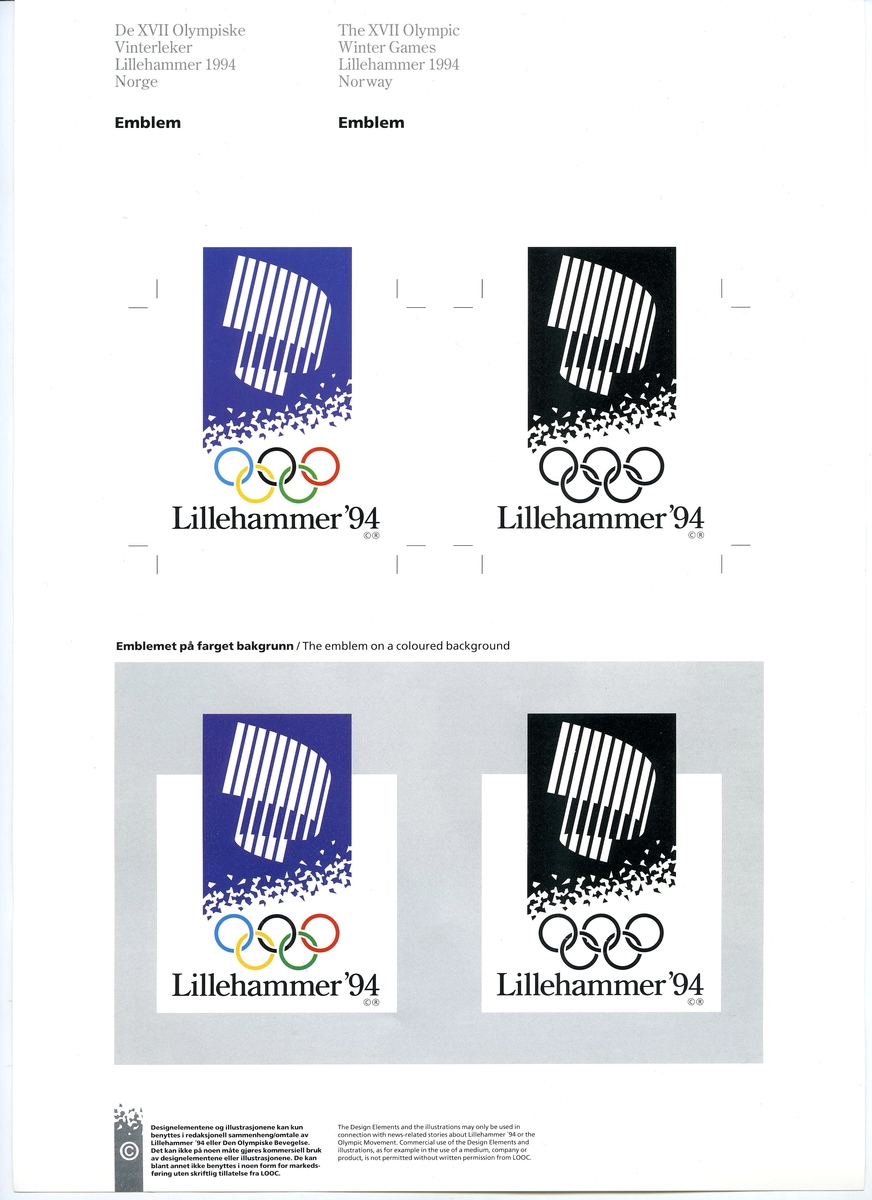 Åtte ark som beskriver grunnelementene i designprogrammet for Lillehammer '94
1: Lillehammer-emblemet
2: Kart OL-regionen i farger
3: Kart OL-regionen i svart-hvitt
4: Piktogrammer
5: Maskotter
6: Krystallmønster
7: Piktogramelementer: Piktogram for Kultur, '94 laget og seremonier
8: Kart for fakkelstaffetten i farger