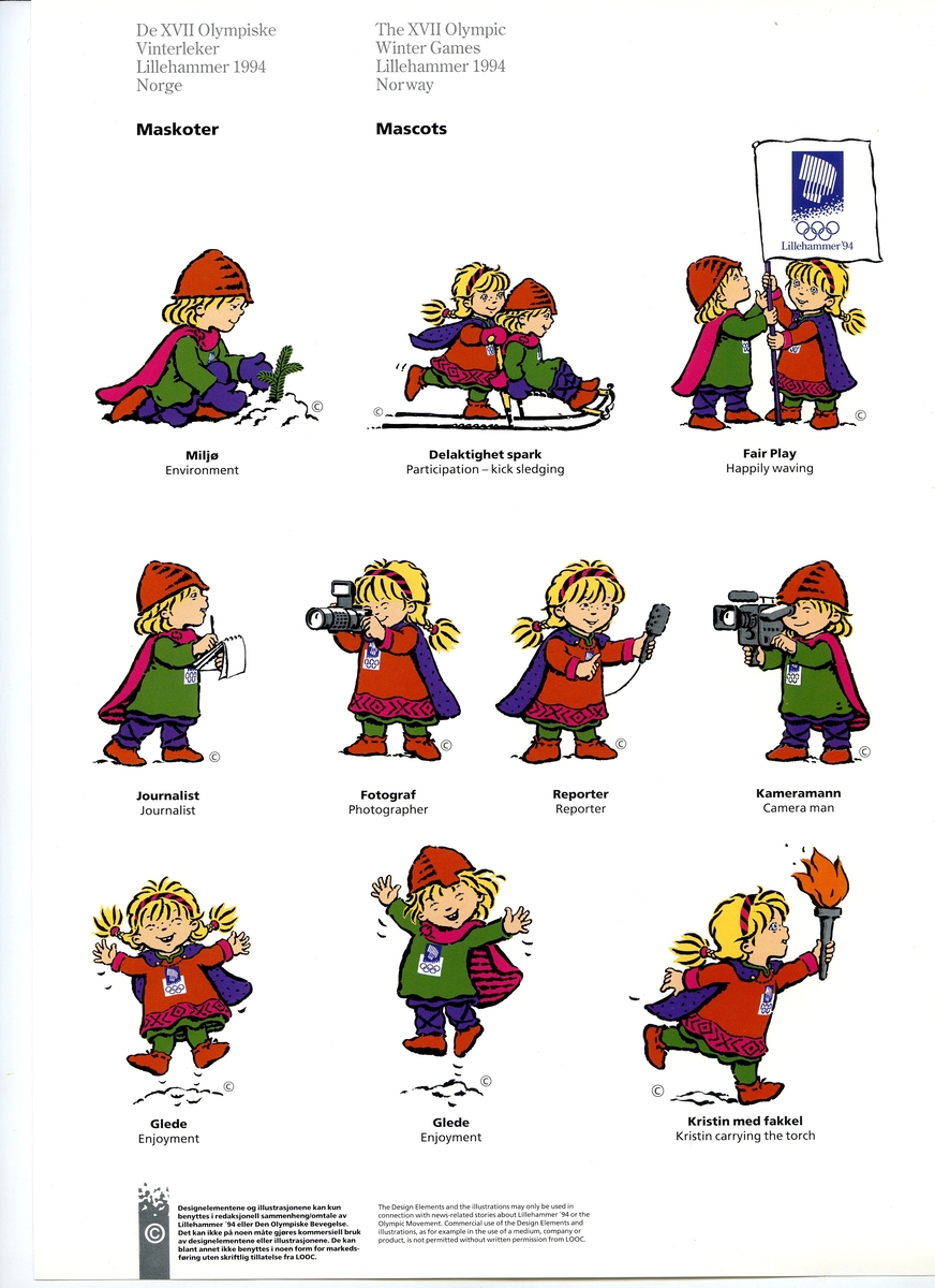 Åtte ark som beskriver grunnelementene i designprogrammet for Lillehammer '94
1: Lillehammer-emblemet
2: Kart OL-regionen i farger
3: Kart OL-regionen i svart-hvitt
4: Piktogrammer
5: Maskotter
6: Krystallmønster
7: Piktogramelementer: Piktogram for Kultur, '94 laget og seremonier
8: Kart for fakkelstaffetten i farger