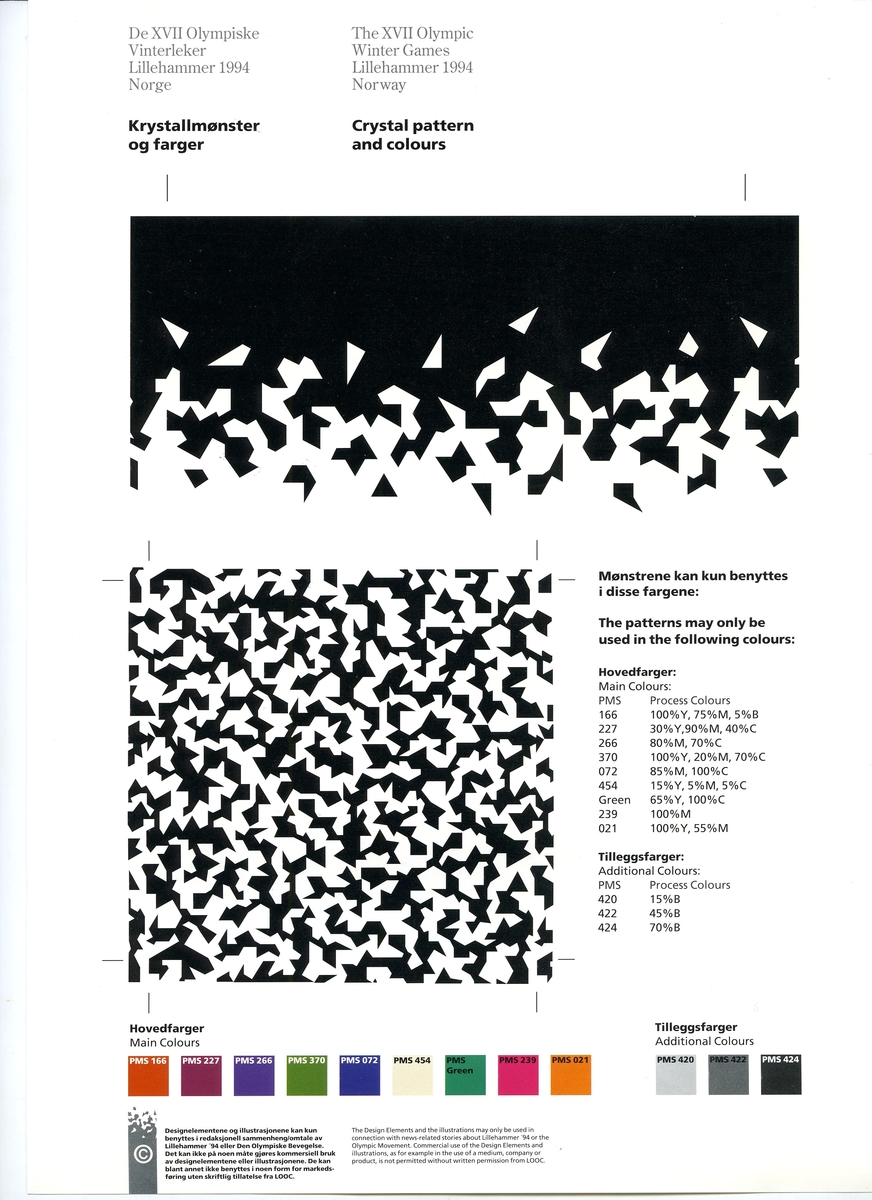 Åtte ark som beskriver grunnelementene i designprogrammet for Lillehammer '94
1: Lillehammer-emblemet
2: Kart OL-regionen i farger
3: Kart OL-regionen i svart-hvitt
4: Piktogrammer
5: Maskotter
6: Krystallmønster
7: Piktogramelementer: Piktogram for Kultur, '94 laget og seremonier
8: Kart for fakkelstaffetten i farger
