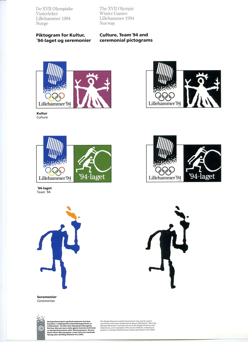 Åtte ark som beskriver grunnelementene i designprogrammet for Lillehammer '94
1: Lillehammer-emblemet
2: Kart OL-regionen i farger
3: Kart OL-regionen i svart-hvitt
4: Piktogrammer
5: Maskotter
6: Krystallmønster
7: Piktogramelementer: Piktogram for Kultur, '94 laget og seremonier
8: Kart for fakkelstaffetten i farger