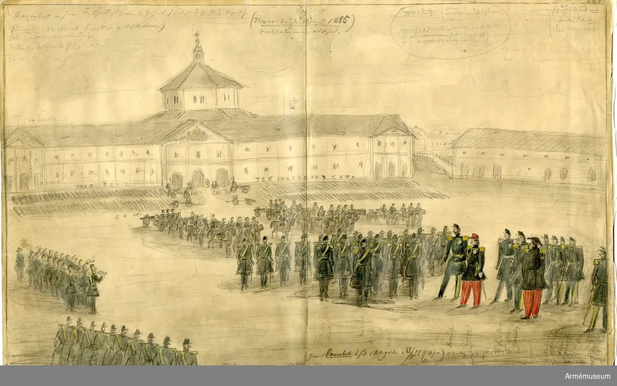 Grupp M I.
Teckning av Christian Staaf föreställande "Marskalk Canoberts besök på Artillerigården den 13 nov. 1855.