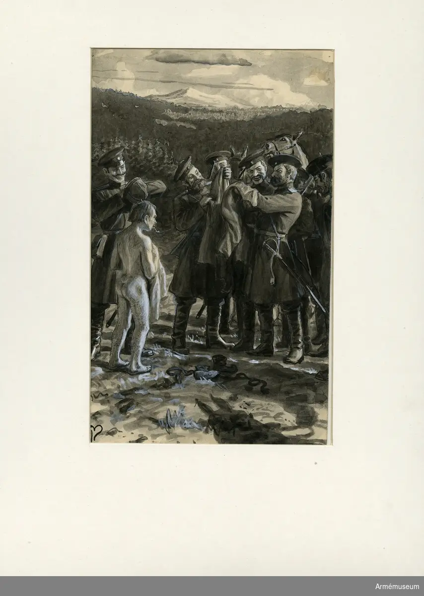 Grupp M I.
Tuschlavering/illustration ur "Med vapen i hand", romantiserad skildring af vårt kommande krig, av Erik Drake 1902. Illustrationern av Pelle Malmberg föreställer "Lapp skärskådas av ryska soldater".