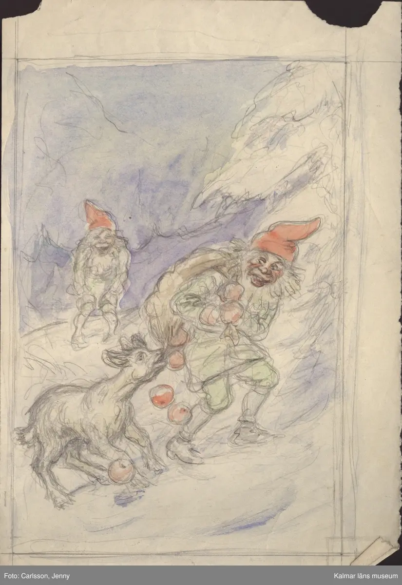Motiv 1: En tomte bär en säck över ena axeln, en get står bredvid och biter i säcken så äpplen ramlar ut. I bakgrunden står en annan tomte och skrattar. Motiv 2: Tre personer. En kvinna och en man samt en tredje person skissad tvärsöver.