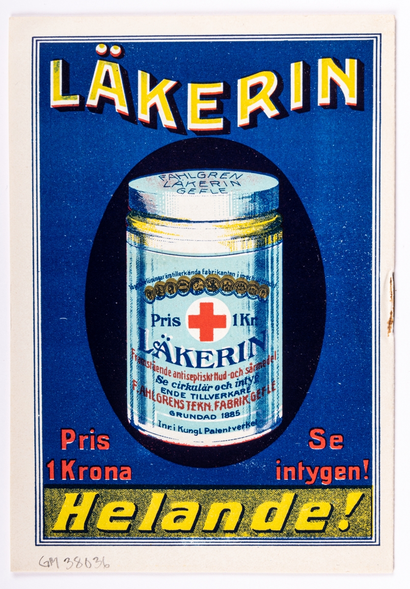 Tryckt bruksanvisning från 1909 för Läkerols flytande antiseptiska medel och Läkerins hud- och sårmedel.