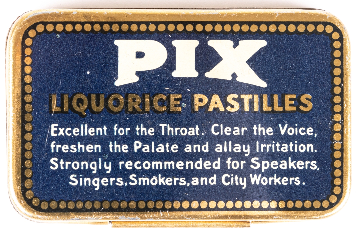 Tablettask i plåt, guldfärgad och blå botten med vit och guldfärgad text:" PIX PASTILLES PIX COMPANY LTD. GEFLE. SWEDEN".