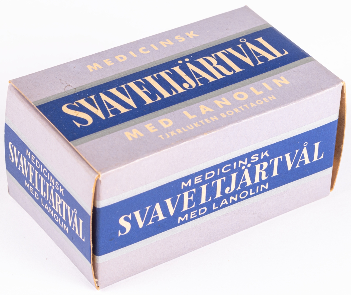 Förpackning för tvål. För medicinsk svaveltjärtvål. Ask i blått och lila.
