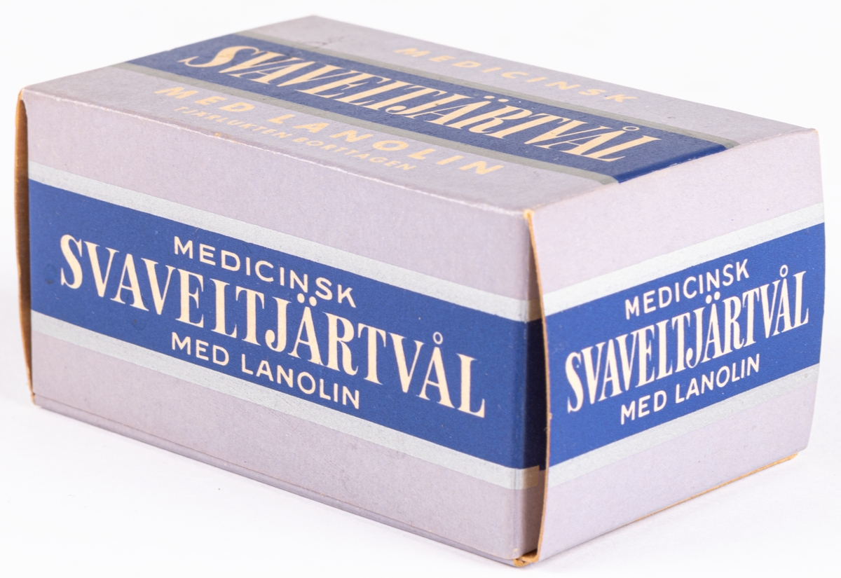 Förpackning för tvål. För medicinsk svaveltjärtvål. Ask i blått och lila.