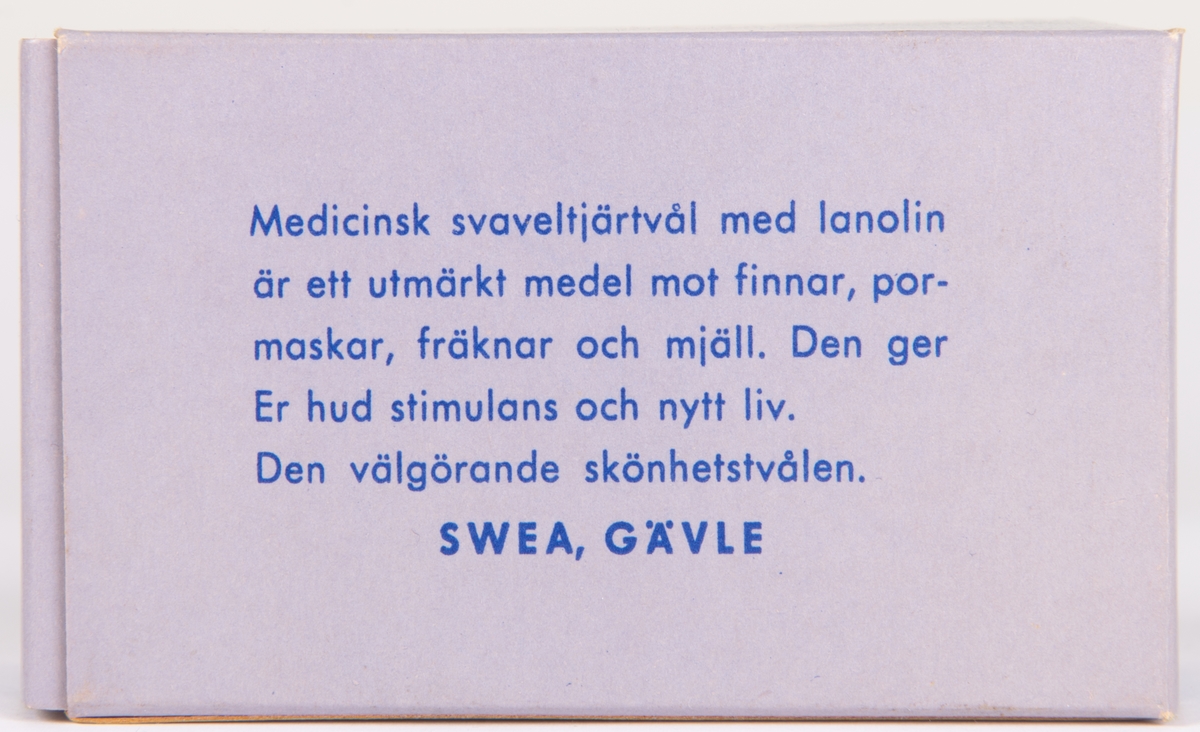 Förpackning för tvål. För medicinsk svaveltjärtvål. Ask i blått och lila.