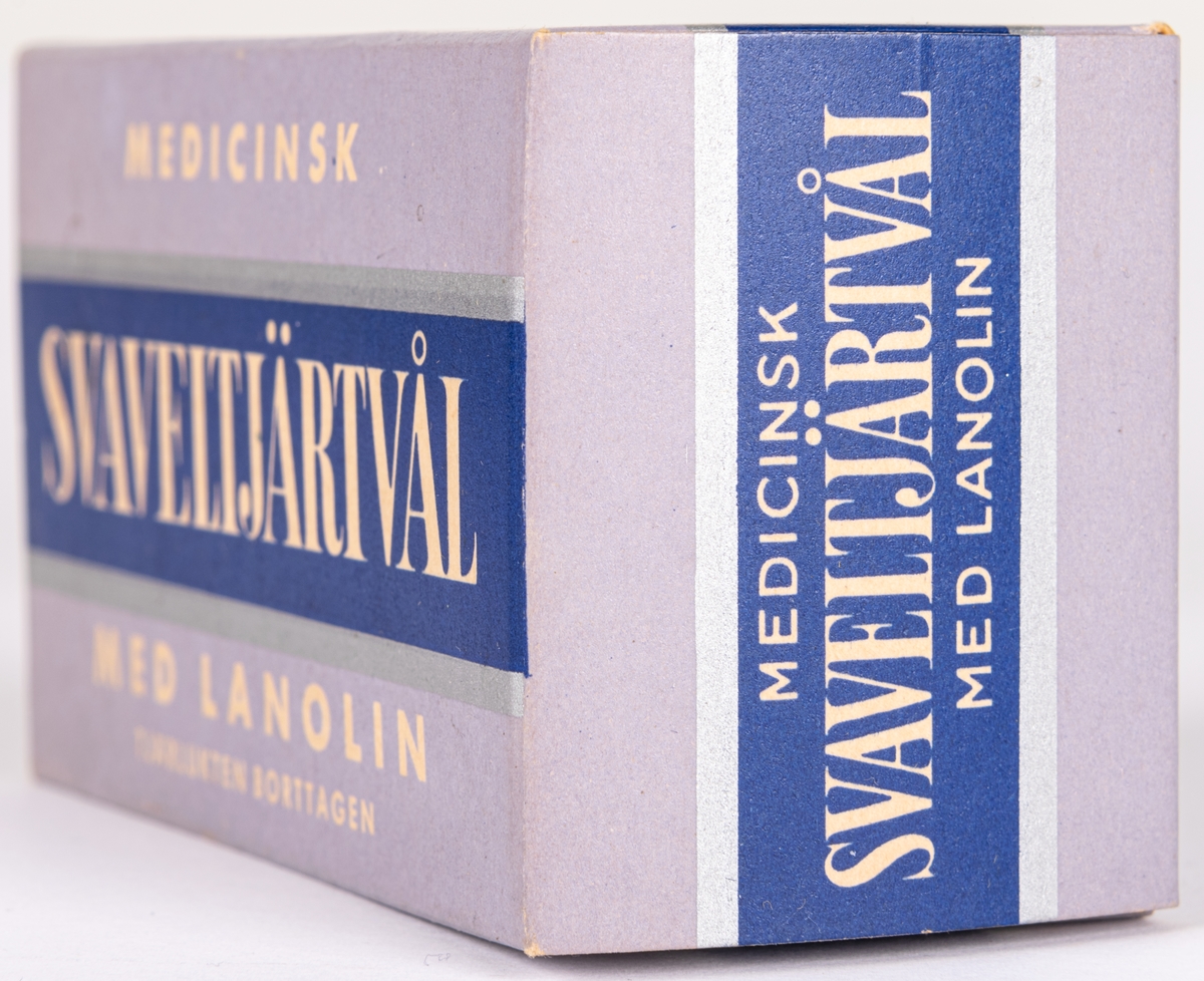 Förpackning för tvål. För medicinsk svaveltjärtvål. Ask i blått och lila.