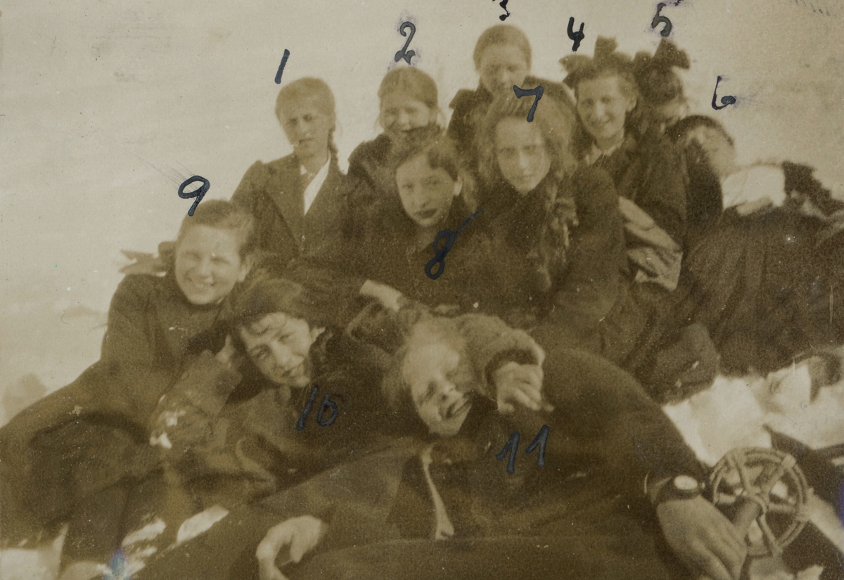 Portrettfotografi av ei gruppe unge mennesker som sitter i snøen.