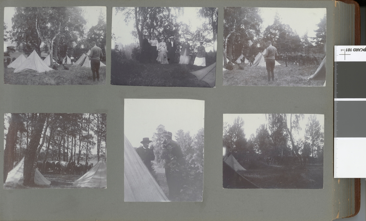 Text i fotoalbum: "Ränneslätt K 4 Kav. aspirantskola 1900". Tältläger.