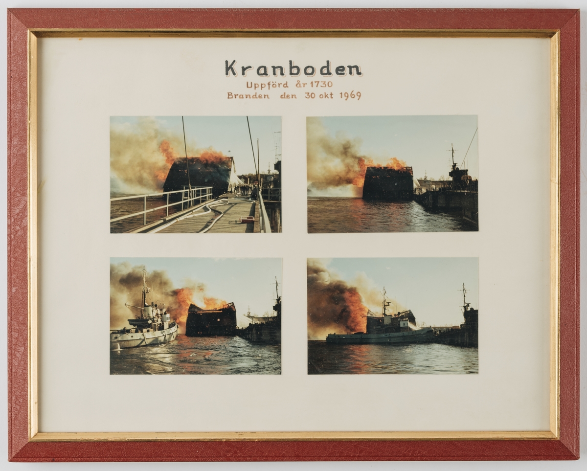 Kollage av fyra bilder som visar branden av Kranboden i Karlskrona 1969.